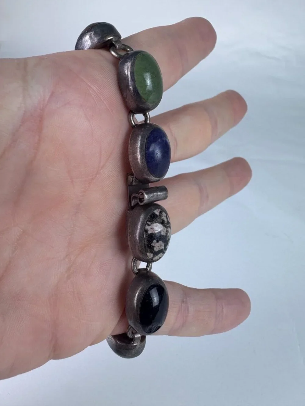 Vintage Taxco Mexico 925 Sterling Silver Multi-Stone Link Bracelet | Lapis